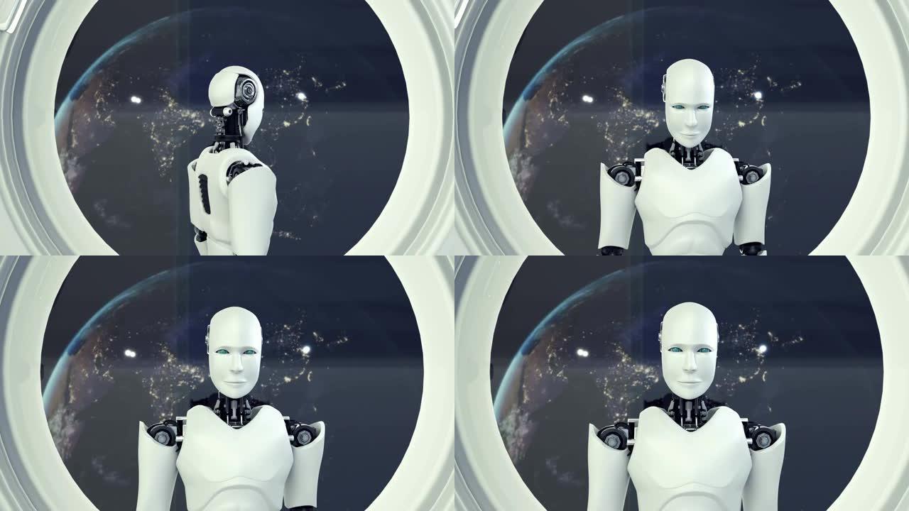 未来派机器人，太空宇宙中的宇宙飞船内的人工智能CGI