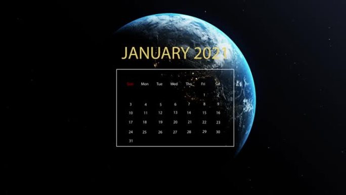 2021年1月日历出现在地球上，同时在带有恒星的黑色背景下在外层空间旋转