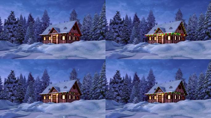 冬季降雪之夜为圣诞节装饰的舒适乡村房屋