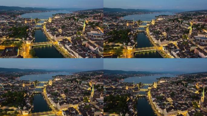 晚间照明苏黎世中心城市景观河畔航空全景4k延时瑞士