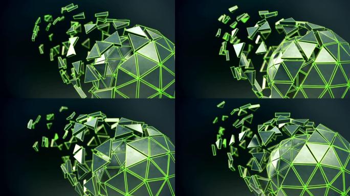 二十面体球形，带有绿色发光线可循环3D渲染动画