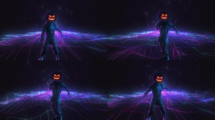 一个有节奏的跳舞的家伙，南瓜头和橙色发光的眼睛在蓝紫色的霓虹灯背景上。万圣节派对概念。赛博朋克80年