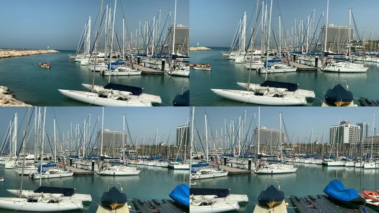 以色列赫兹利亚-2019年1月19日: 赫兹利亚码头的帆船。它是以色列最大的码头，为包括大型游艇在内