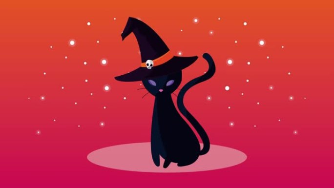 万圣节快乐动画与猫戴巫婆帽