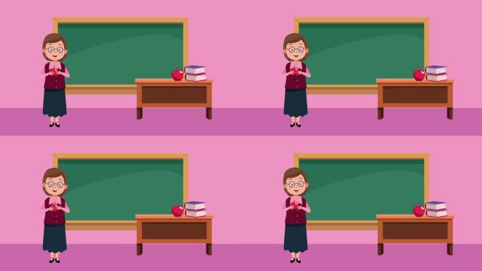 带黑板和书桌教室场景的女教师角色动画