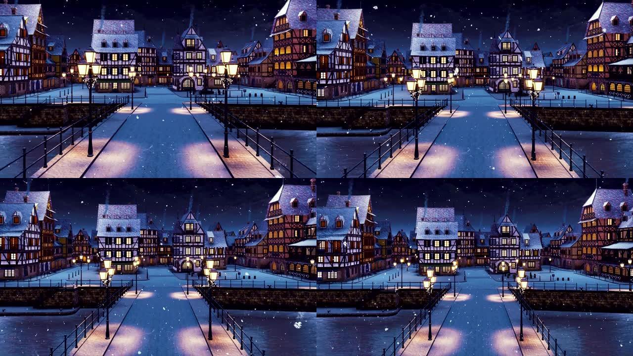 白雪皑皑的冬季夜晚空欧洲小镇鸟瞰图