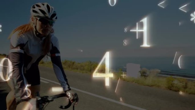 数学符号和数字反对女人在路上骑自行车