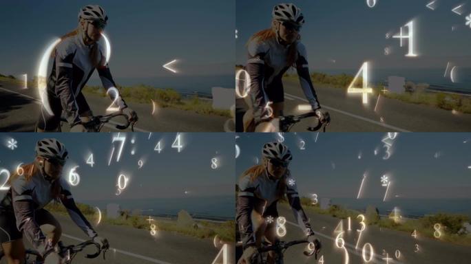 数学符号和数字反对女人在路上骑自行车
