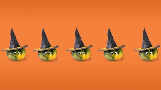 五个南瓜的无缝图案动画，带有谷歌般的眼睛和女巫帽，不同方向的有趣运动。万圣节概念，橙色背景上有复制空