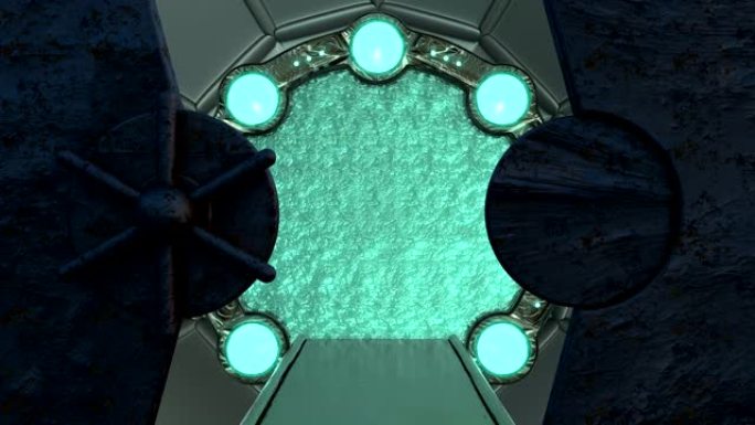铁锈舱口打开飞船景观的全景。带门户的科幻走廊的3d抽象背景。未来技术摘要VJ为技术标题和背景。