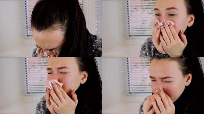 一个生病的女人打喷嚏和咳嗽。寒冷时期的病毒性疾病。
