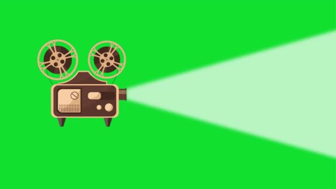 旧电影放映机的特写镜头显示了电影，灯闪烁。照相机投射一束光。绿色背景上的老式电影放映机。旧电影放映机