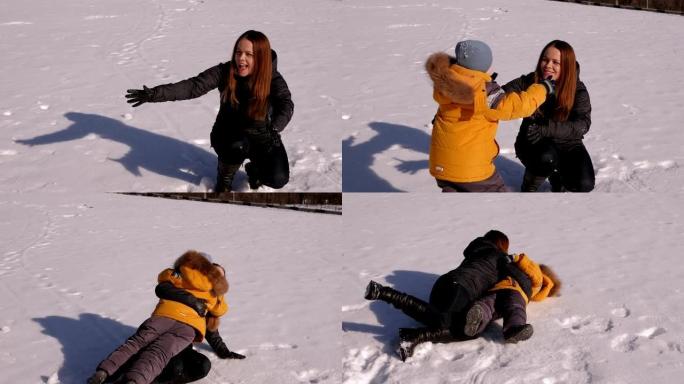 冬天，母子俩玩得开心，落在公园的雪地上。