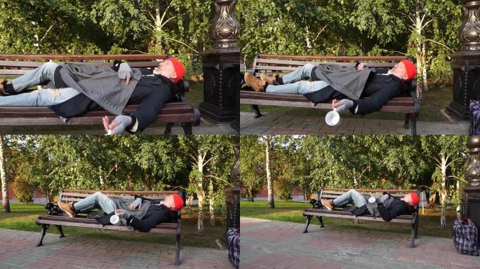 70岁的成熟男人早上留着胡子躺在长凳上