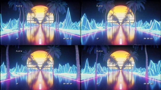 80年代复古未来派科幻无缝循环。Retrowave VJ视频游戏景观、霓虹灯和低多边形地形网格。风格