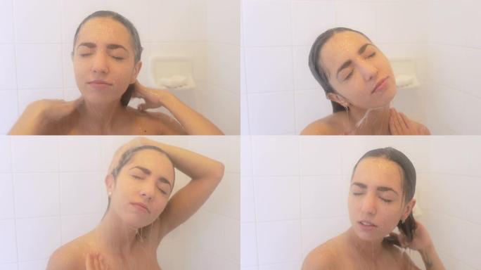 有魅力的女人在早上洗澡。