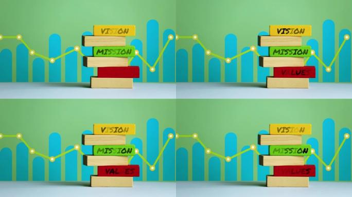 使命、价值观、愿景。木块和图形