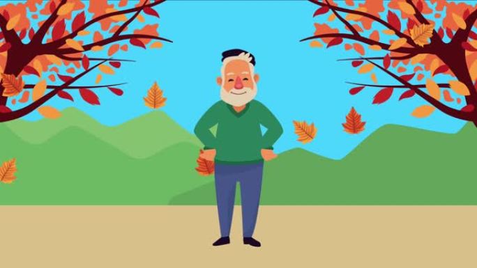 老人在秋天的风景场景动画人物