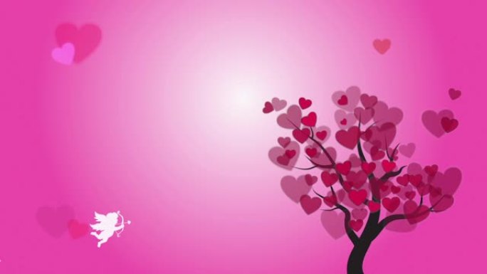 情人节婚礼概念电子贺卡背景中的爱心叶和丘比特。