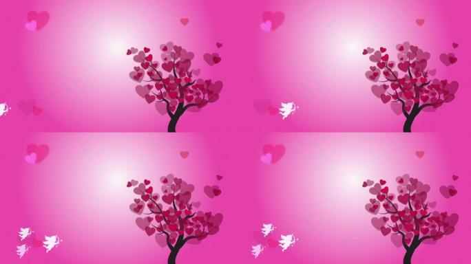 情人节婚礼概念电子贺卡背景中的爱心叶和丘比特。