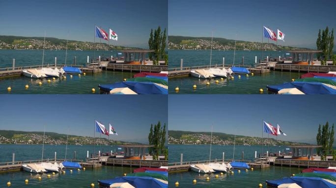 阳光明媚的时间苏黎世市湖滨码头慢动作全景4k瑞士