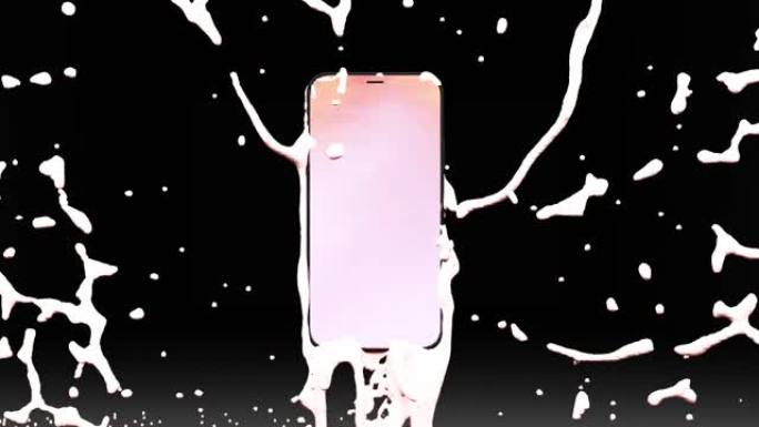 触摸屏手机的3D渲染，在孤立的黑暗背景上水溅。