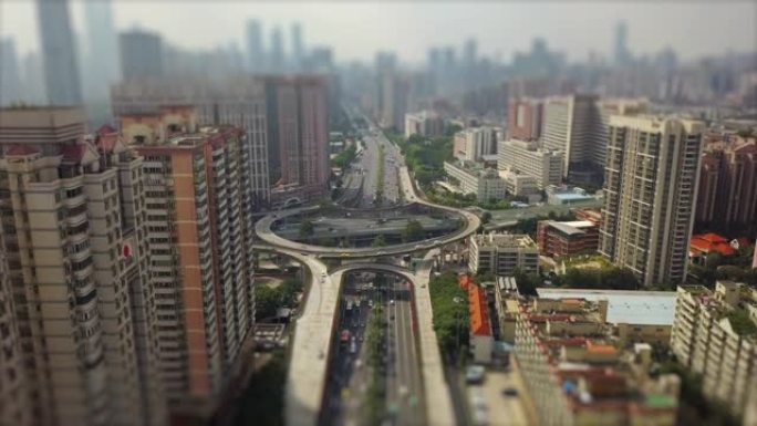 晴天著名的广州市交通路口空中全景倾斜-换挡4k中国