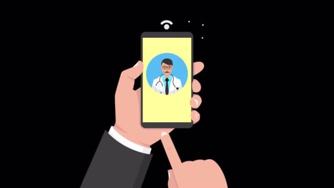 手持智能手机与男性医生随叫随到的在线咨询。阿尔法通道中的动画。4k分辨率。
