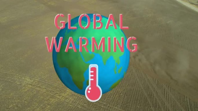 全球变暖文本和温度计图标反对在背景中旋转沙漠