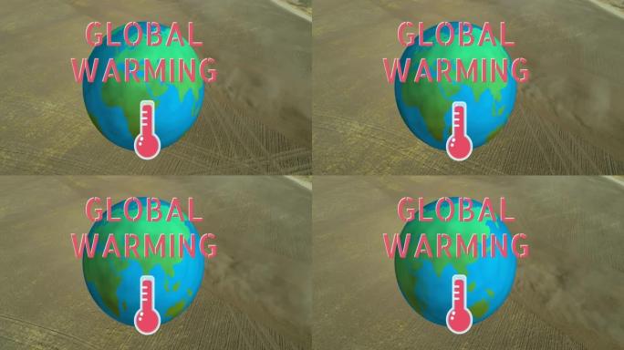 全球变暖文本和温度计图标反对在背景中旋转沙漠