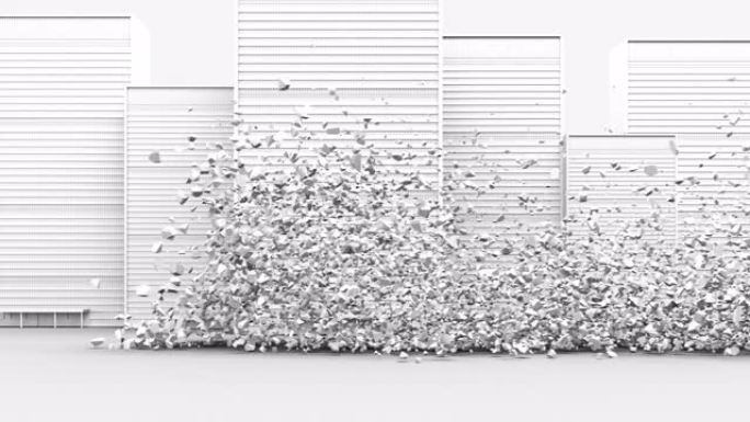 白色 “银行” 字裂纹破坏喙在白色建筑背景上瓦解。3D动画4K。