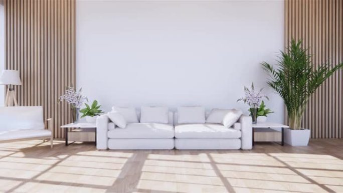 带简约风格白色热带风格沙发的客厅，木纹地板。