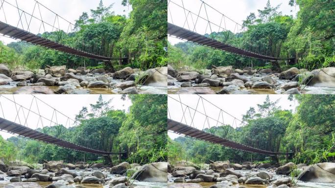 河流和绳索桥的低角度视图，超延时或延时视频