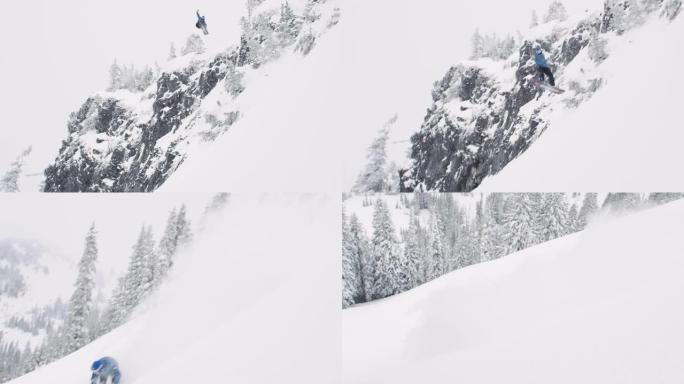 单板滑雪从山岩崖跳起大空中技巧，变成粉雪，然后摔倒坠毁