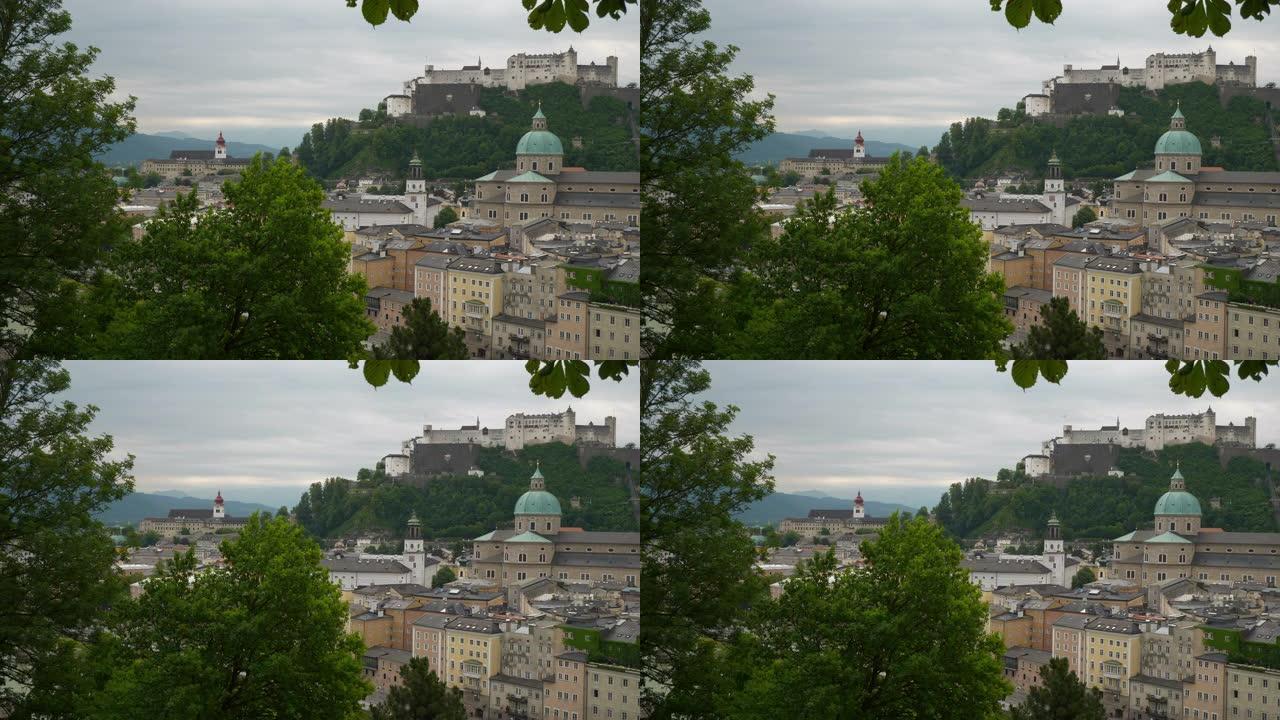 多云的一天萨尔茨堡中央城市景观山顶全景4k奥地利