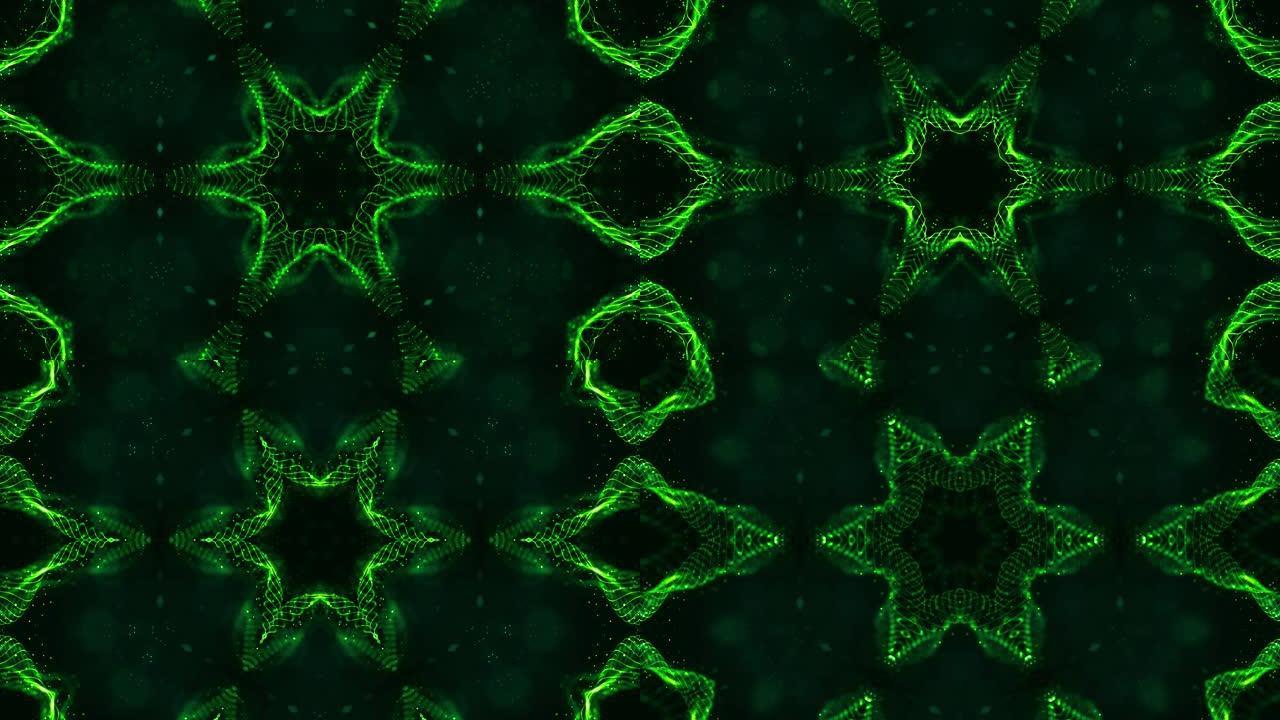 4k循环科幻3d背景与辉光绿色颗粒形成线，表面，图案，万花筒结构。抽象运动中的对称点结构。