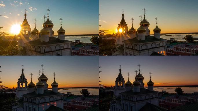 俄罗斯下诺夫哥罗德，施洗者圣约翰教堂，日落时间流逝，太阳穿过寺庙的窗户，美丽的夜晚风景与东正教教堂
