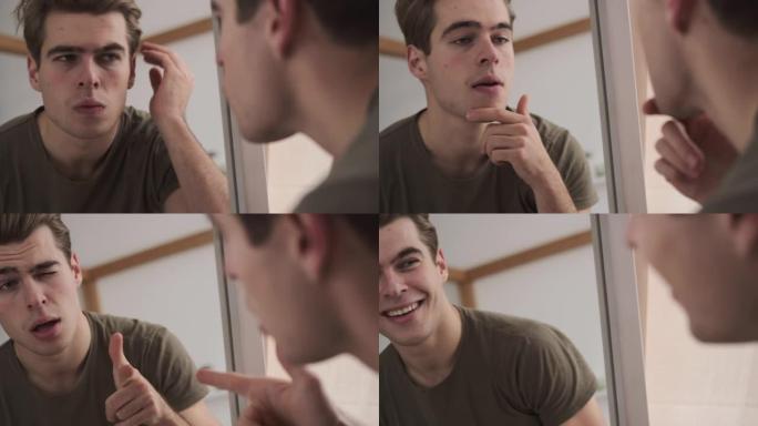 自信的人做好准备，用手指指着镜子