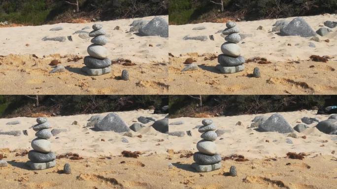 海滩上堆放的禅石。特写视图。