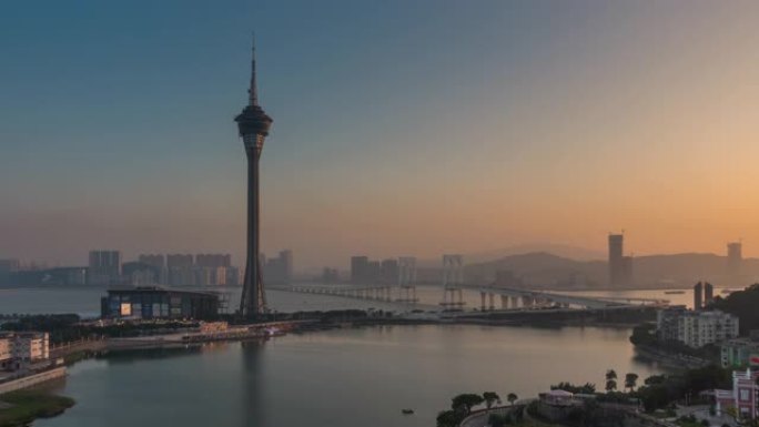 日落天空澳门城市著名的塔湾全景4k延时中国