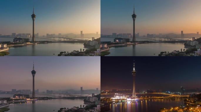 日落天空澳门城市著名的塔湾全景4k延时中国