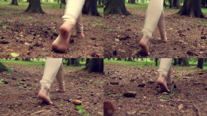 后视图。赤脚的腿穿过森林，冷杉针和跳棋。
