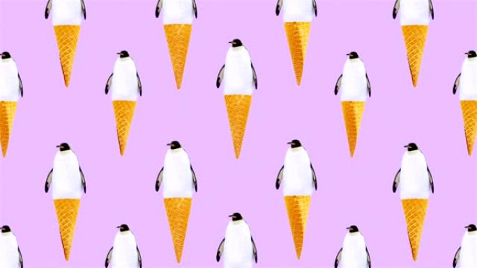 运动搞笑艺术。粉色企鹅冰淇淋背景