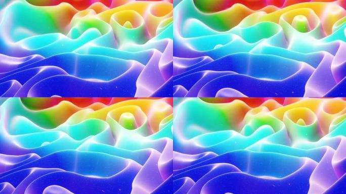 美丽的抽象3D表面与挤压或位移波在循环中变换。彩虹渐变。柔软的哑光材料，如甜味或果酱，内部发光，在变