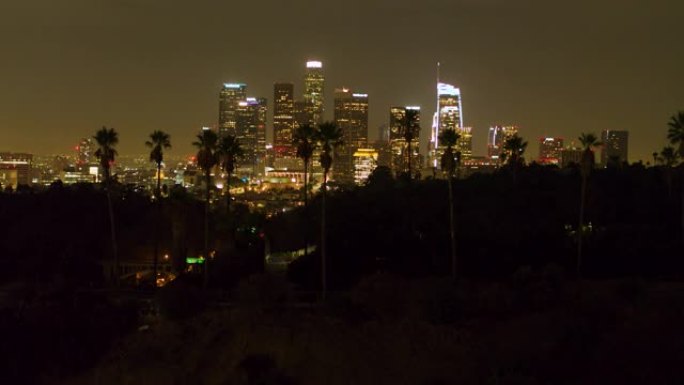 夜间在洛杉矶市中心与棕榈树的空中拍摄