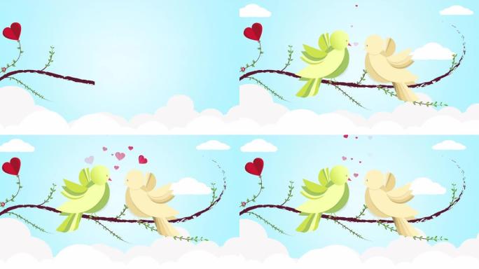 情人节快乐贺卡，两只小鸟在树枝上浪漫的时刻和情人节
