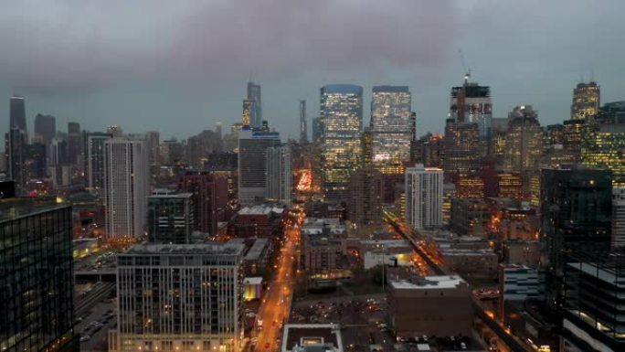 芝加哥西环航拍航拍美国夜景灯光车流金融