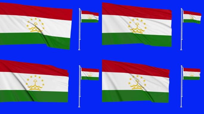 绿色画面塔吉克斯坦两面旗子挥舞着塔吉克旗杆动画3d色度键