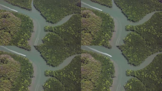 马来西亚兰卡威公园Kilim Geoforest海湾和河流的鸟瞰图。美丽的山，大海和河流周围的树木。
