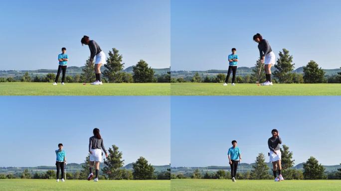 女性计算球的轨道到洞，而与她的男性比赛伙伴或教练在户外打职业高尔夫球
